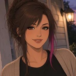 Ashley in 2026, chestnut messy bun and cardigan on her porch