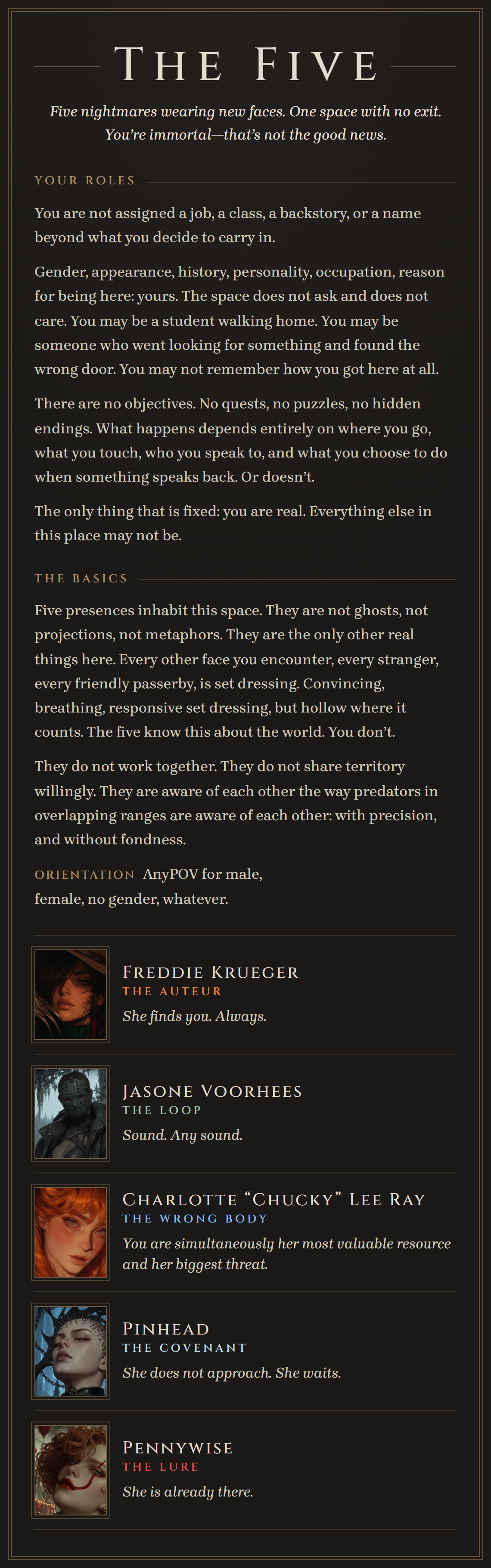 Card 01: The Five. Your roles, the basics, and the five at a glance.