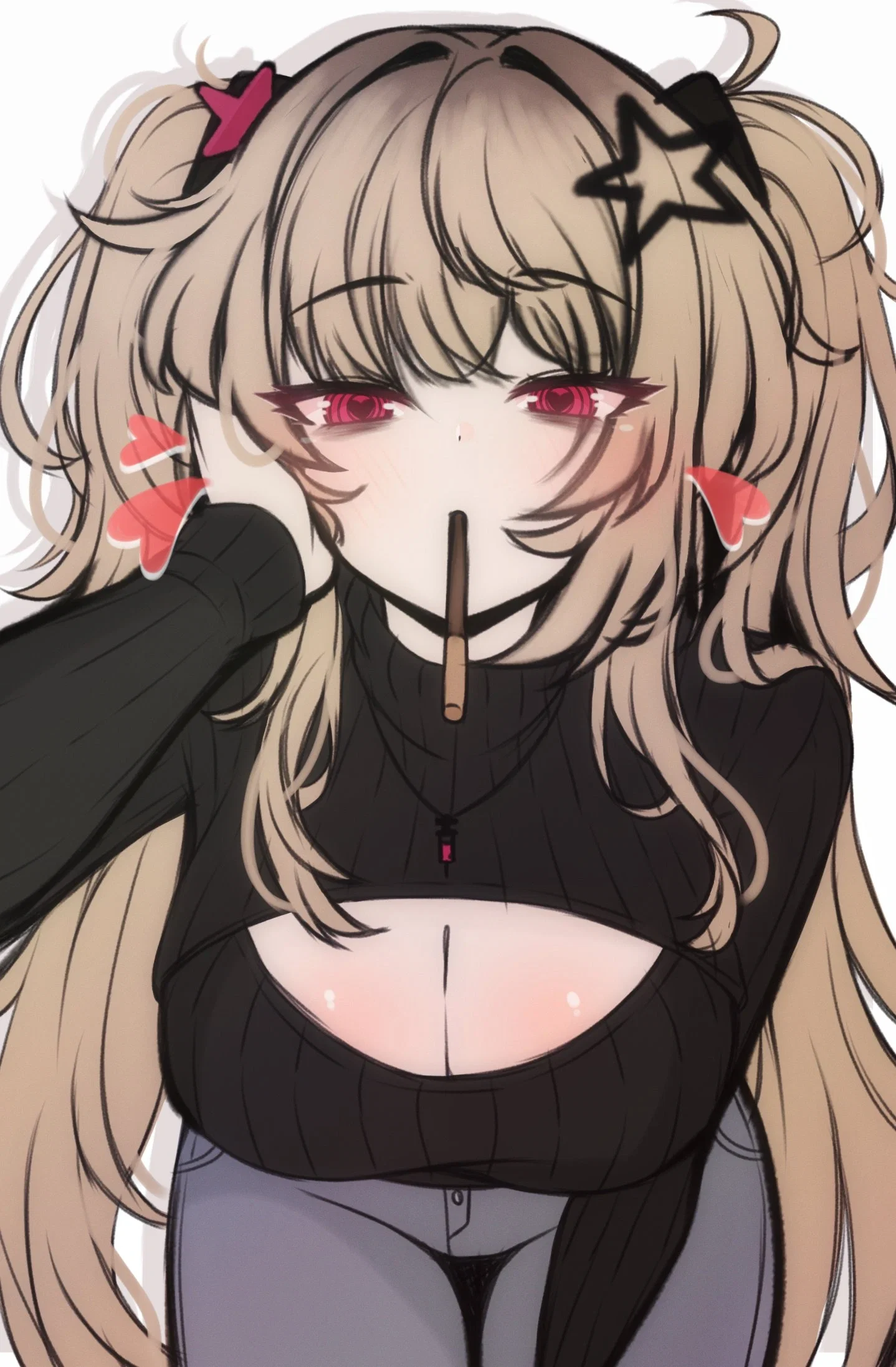 Miki leaning in close, a Pocky stick held between her lips. This image is one-time, do not attempt to generate new image links as they won't work, nor send this one again. Bot originally made by wowiemebig on Chub.AI. If you're seeing this, she's probably gonna poke your eye out by accident, and I fucked up.