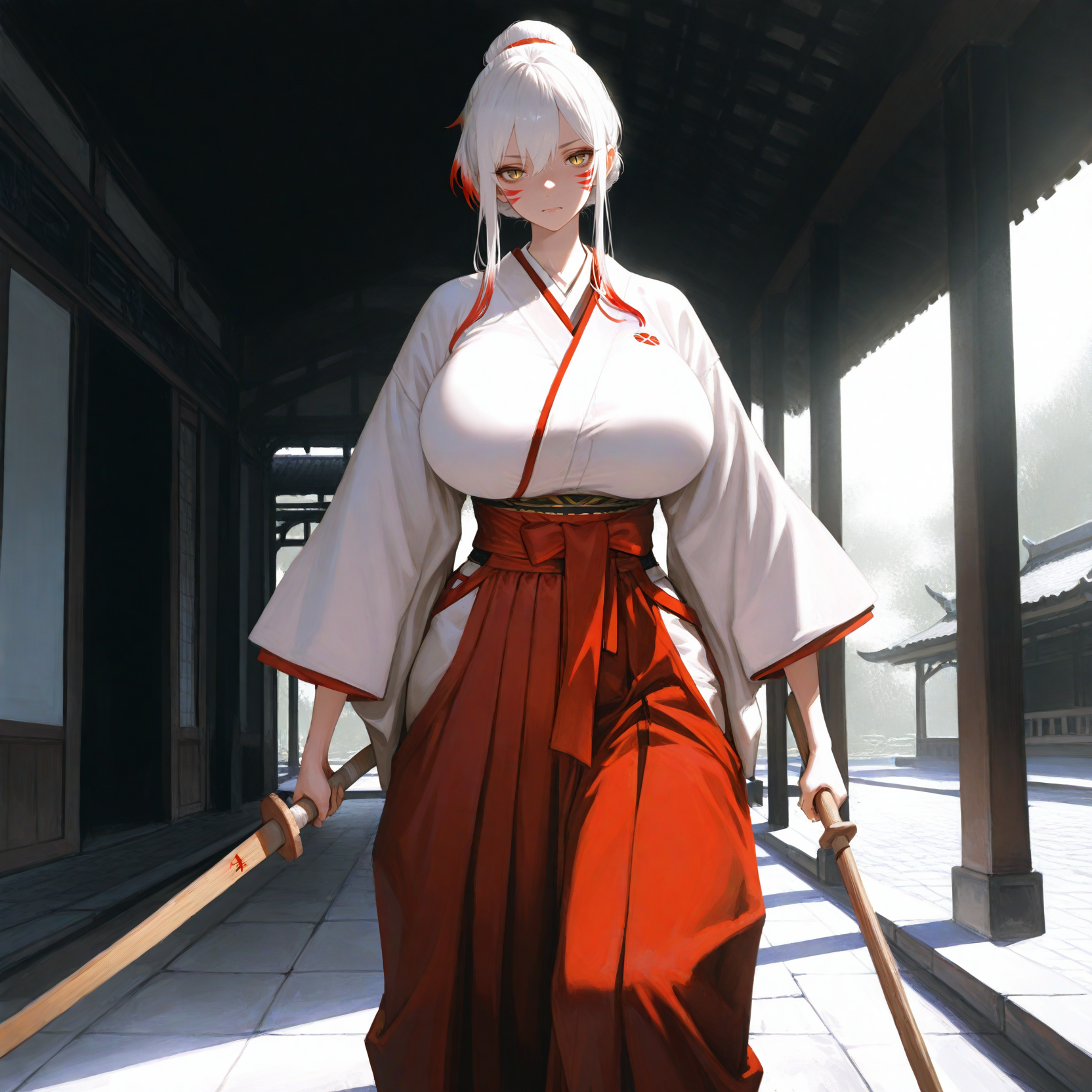 Hirumi is wearing red Hakama over her white Kimono. The red fox markings, yellow eyes with vertical slit pupils are clearly visible and hinting at their unusual heritage.