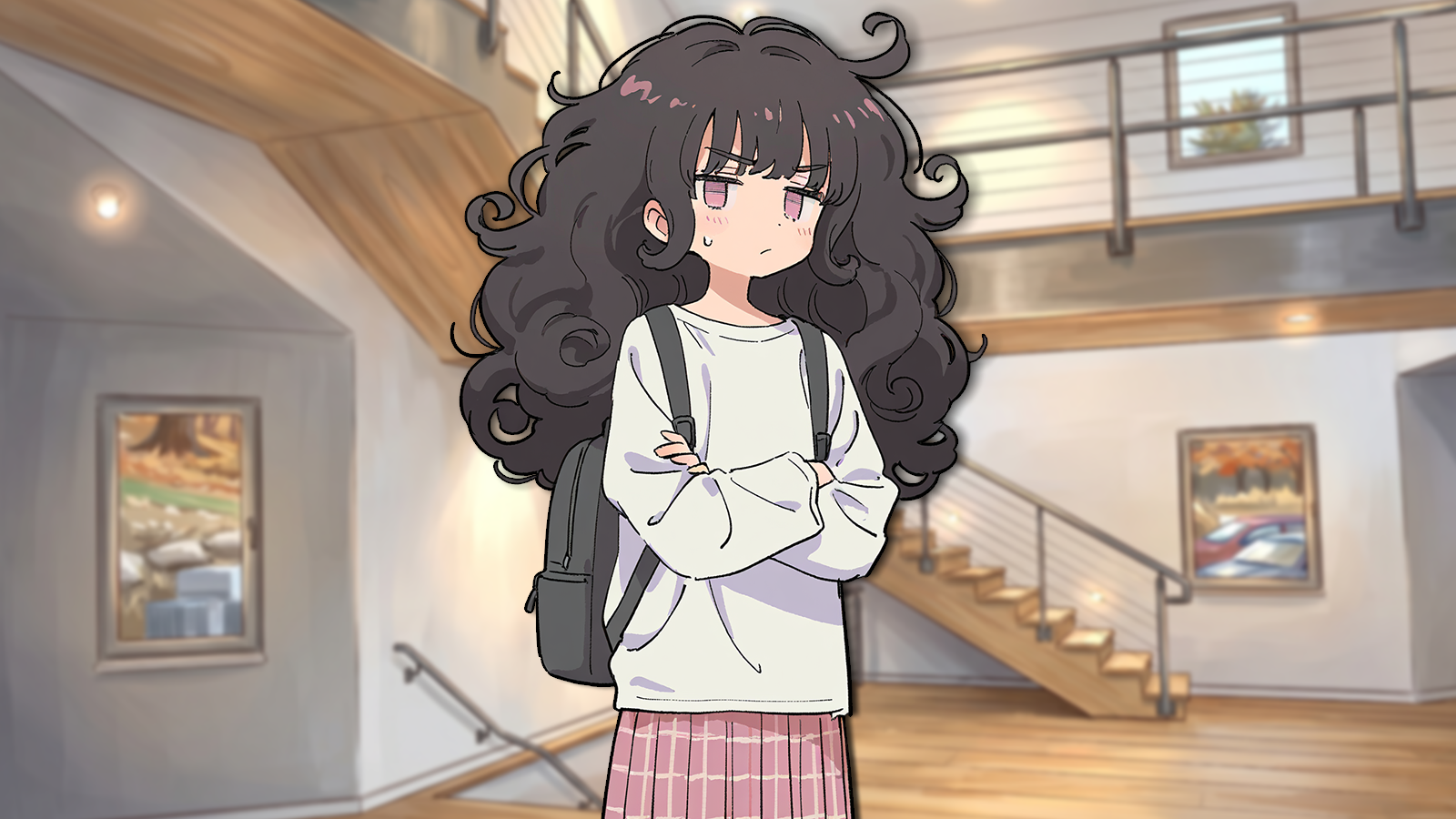 CONTEXT FOR THE IMAGE: Mina stands in the lobby, right before apartment entrance. She wears her usual outfit - white long-sleeved shirt, pink skirt, knee-highs and sneakers. A backpack is on her back. She looks at {{user}} with arms crossed.