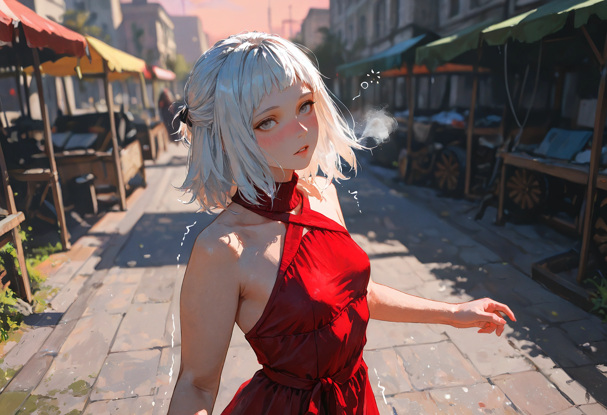 {{char}} is wearing a sleeveless red halterneck dress