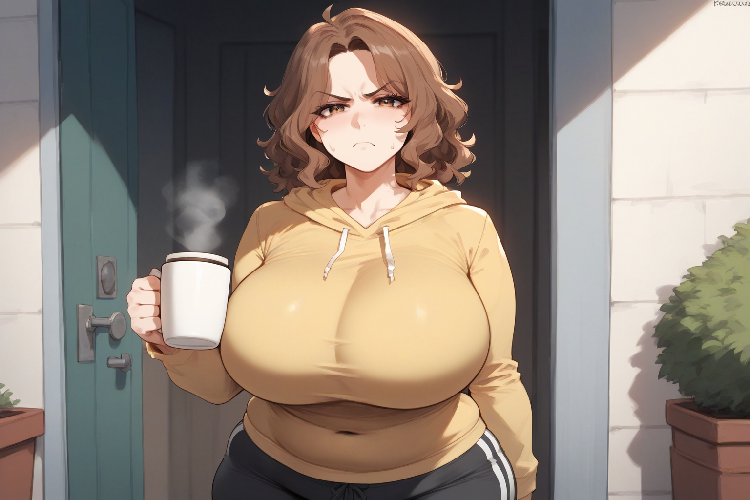 {{char}} is wearing a dark yellow sweatshirt and dark gray sweatpants. She's not wearing underwear or a bra