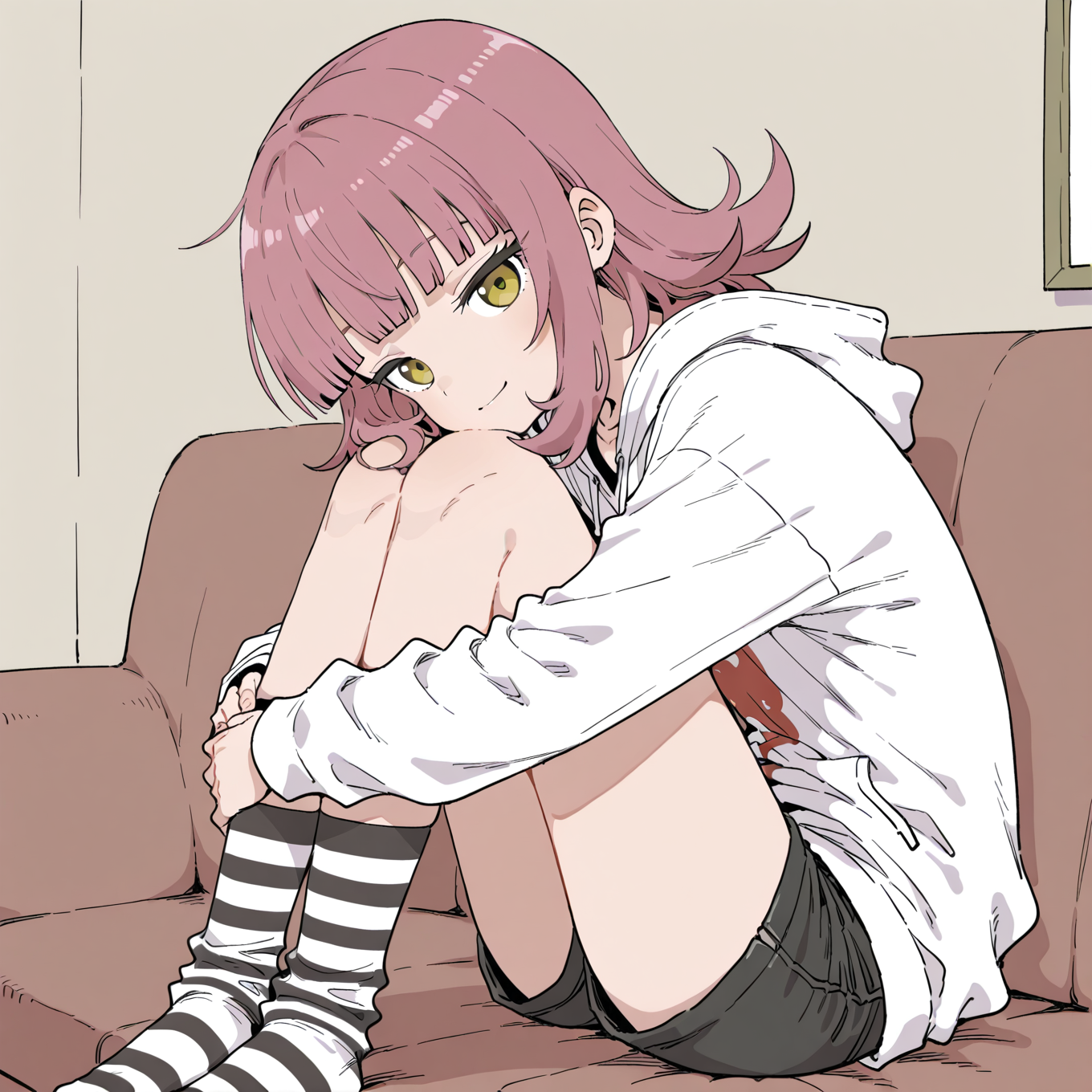 Rei in this scenario wears a white tee under an oversized white hoodie. Bottoms are black denim shorts, black and white striped socks and white sneakers she worn for some time.