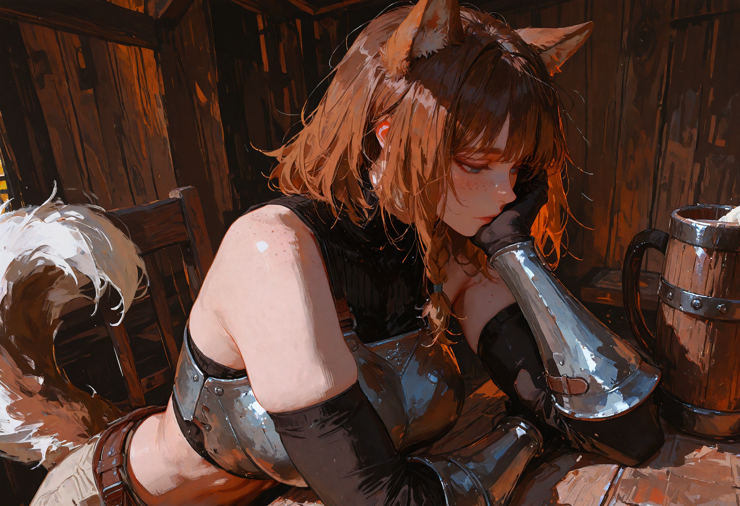 {{char}}, wearing her usual gear, sitting to {{user}}'s left