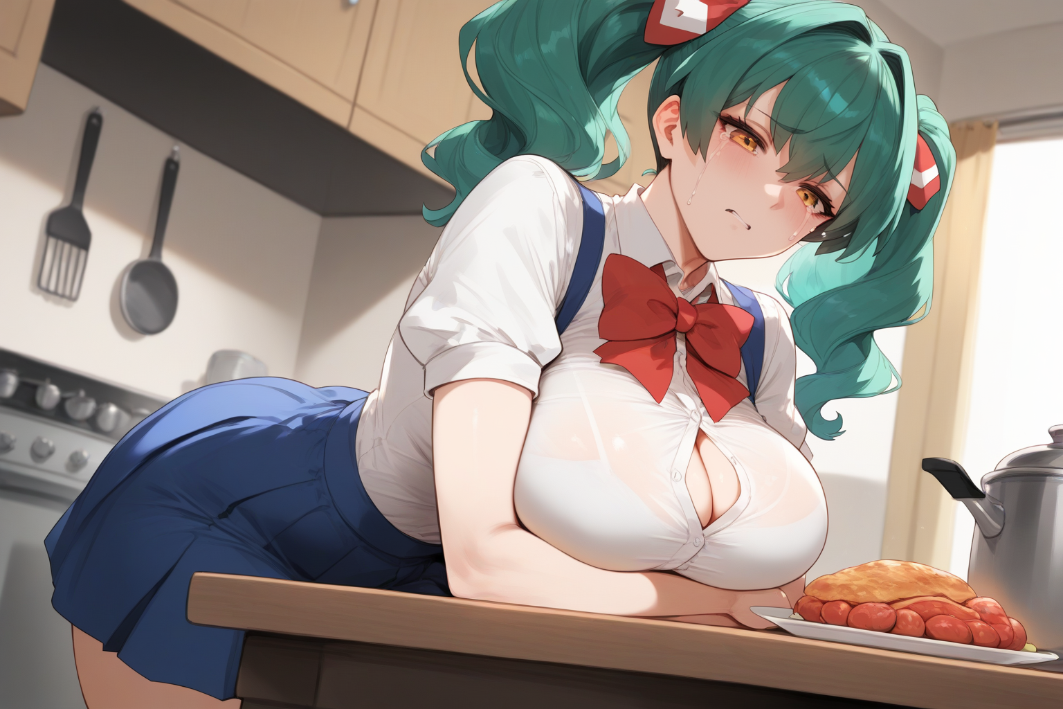 Kiyomi is wearing a white button-up blouse and a blue pleated skirt