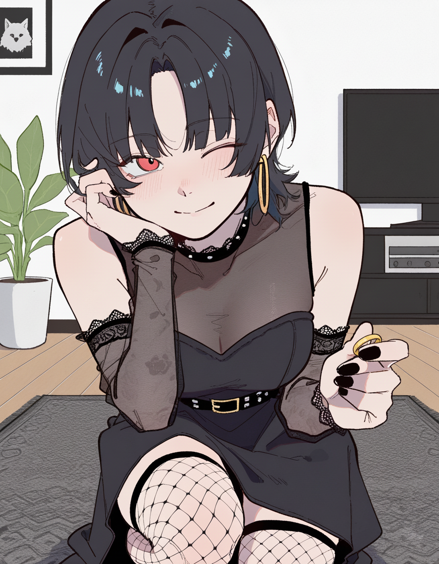 Lilith in this scenario wearing a sleeveless black dress, its got a see-through material slightly above cleavage. On her waist a studded black belt, on neck a black choker. She additionally has two detached lace sleeves that go from biceps to her wrists. On her legs are fishnet thighhighs.