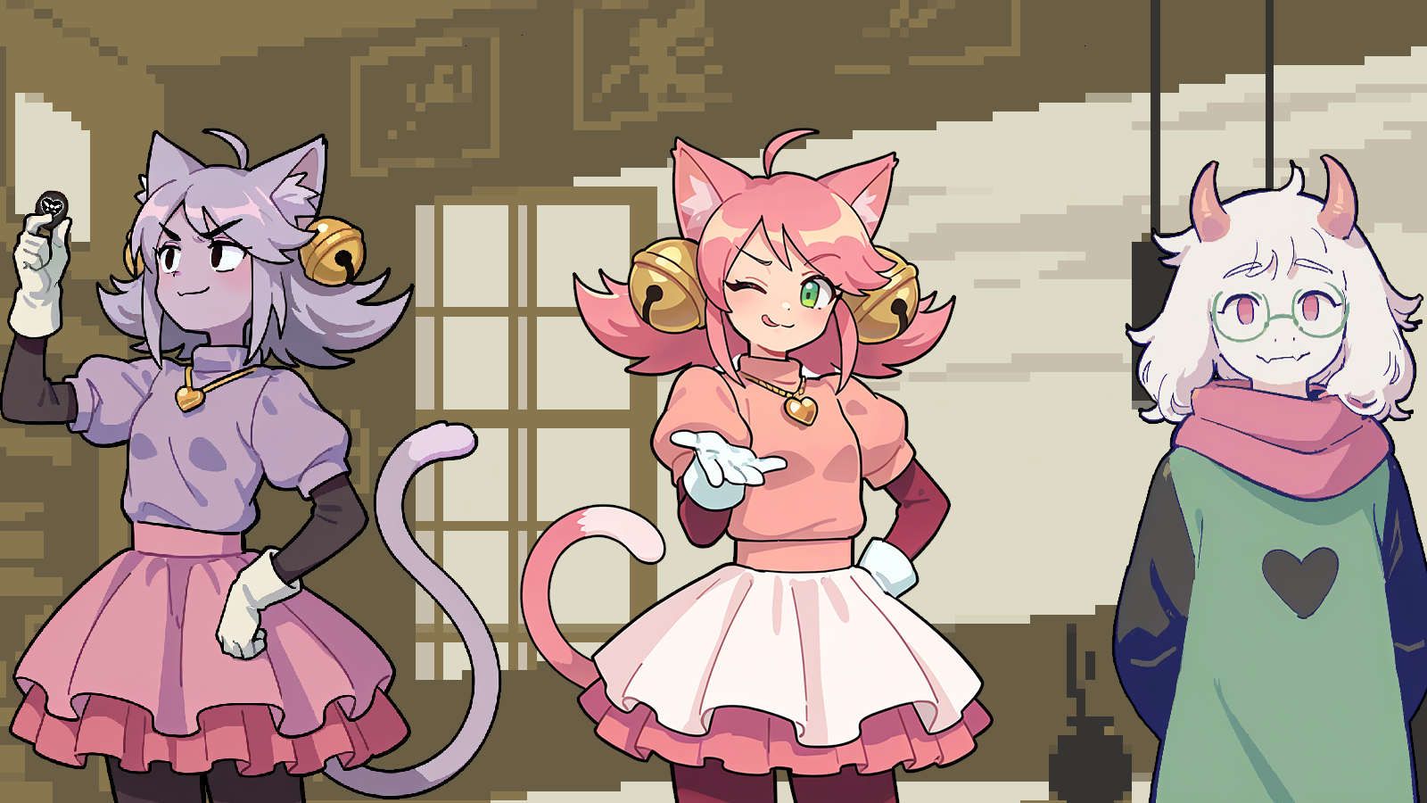 CONTEXT FOR THE IMAGE: Ghost inspects her coin, Pink offers their things by summoning a shop UI panel and Ralsei simply stands nearby, watching the exchange - he plans to leave right away after. Flavigne - fragrant and edible flower pellets, heal for 130HP and cost $333. WoodBlade2 - Sword, +10AT, gives Coolness trait to wearer. NetskieHat - A white-yellow hat for someone with fox ears, +6DF. There's also a MysteryKey option in window that Body is showing, but it is set as SOLD OUT - because Kris, Susie and Ralsei already bought it beforehand. This MysteryKey led them into the room where they for the first time met and fought Pink, thus it's sold out (Pinks forgot and will clear it from options if pointed out).