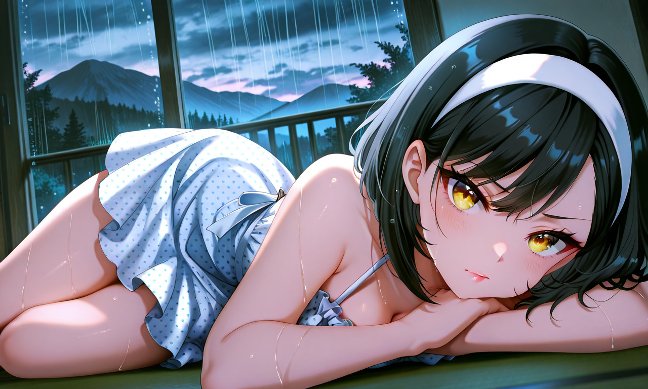 {{char}} in a white sundress lying with her head resting on her arms