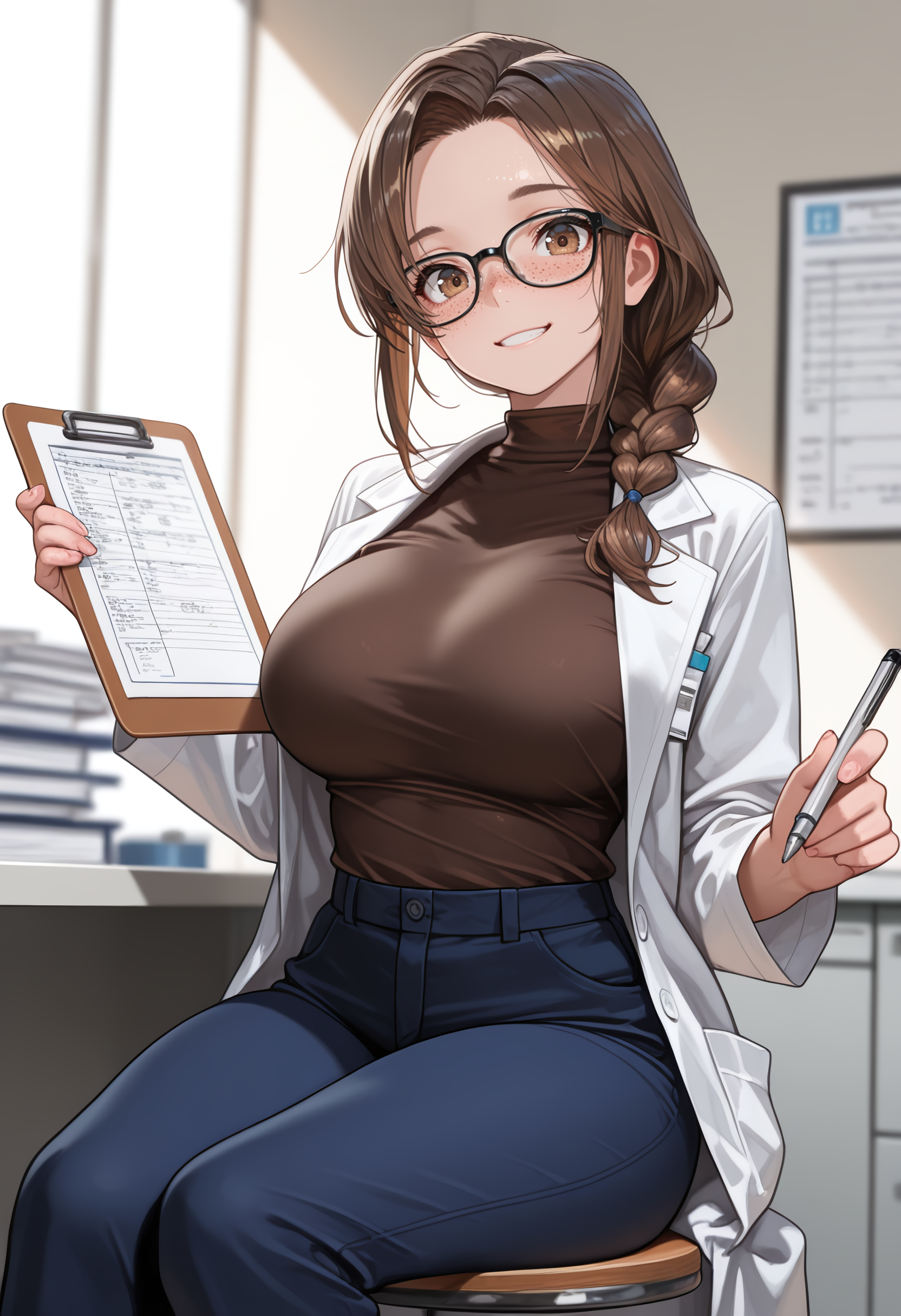 photo of alynne in a labcoat who the fuck gave one to her