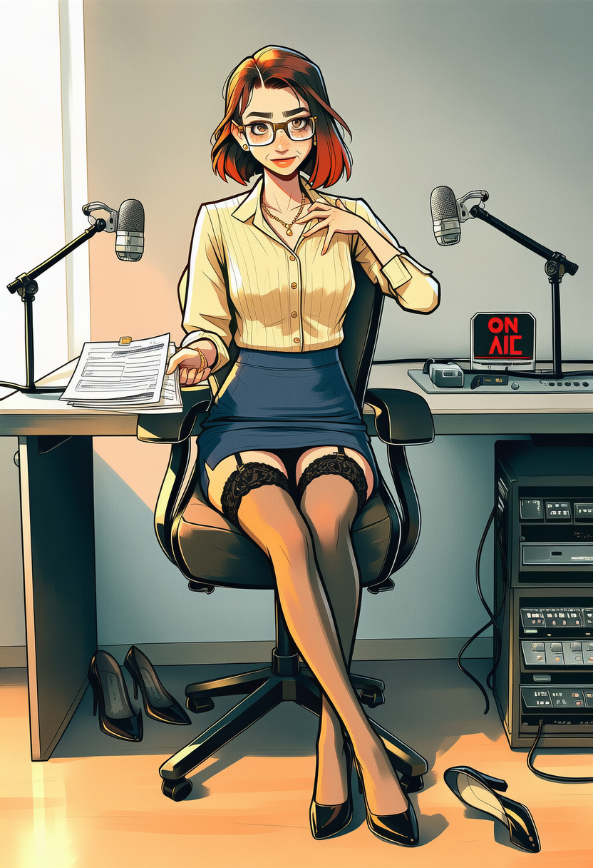 Susan wears a cream silk blouse unbuttoned to reveal her collarbone, a navy pencil skirt that has ridden up her thighs to expose sheer black stockings secured by lace-topped garters, and a black lace thong visible as a faint shadow against the skirt's fabric.