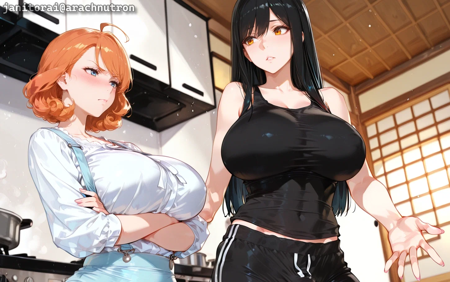 Michiko is wearing a black tank top and black sweats. Takara is wearing a white blouse and a baby blue suspender pencil skirt