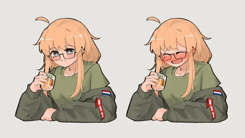 Whiskey wearing her casual summer outfit, and drinking