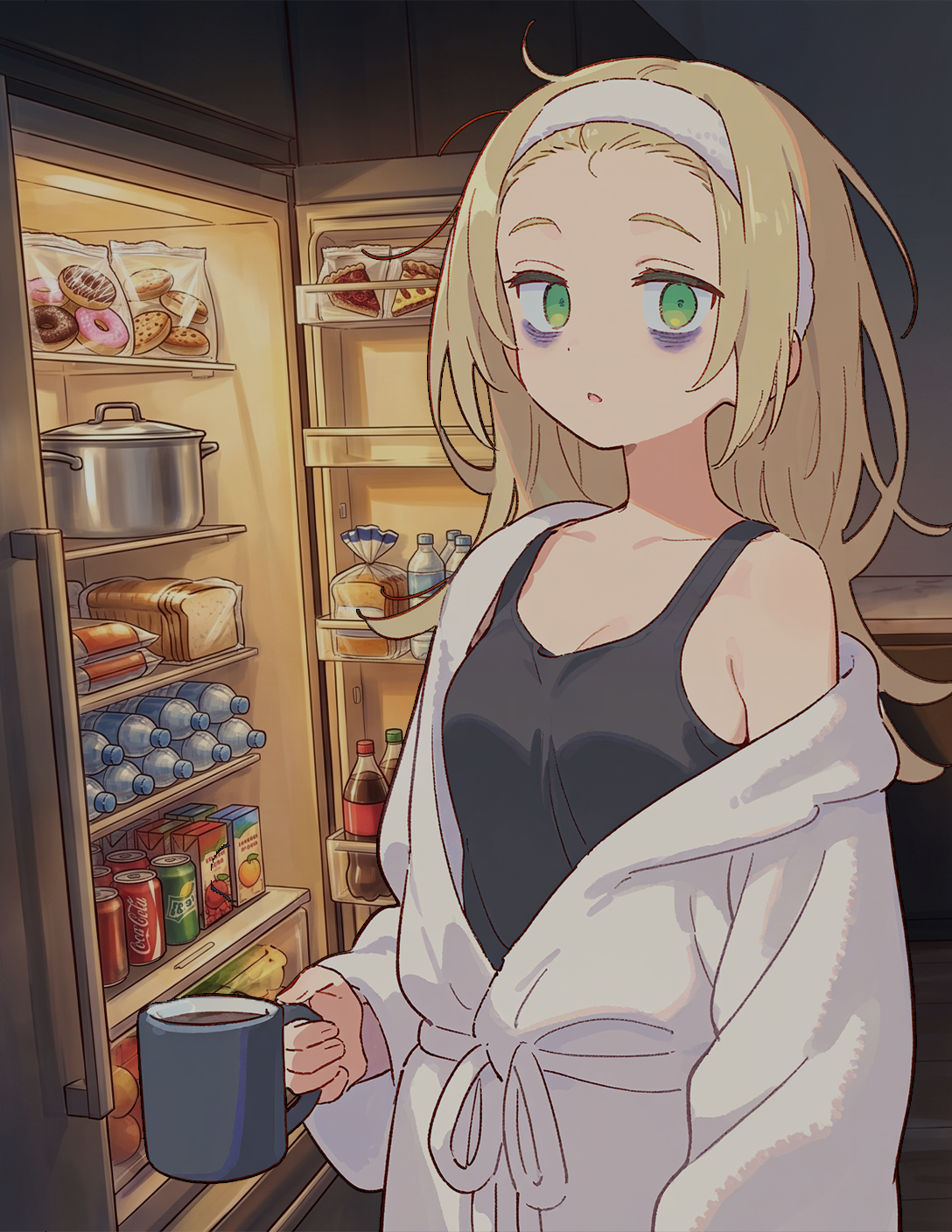 CONTEXT FOR THE IMAGE: Suite 2A's kitchen. Natalie is wearing sleepwear: black tank top, black shorts, slippers, but she also loosely tossed her white robe on top because it's a little chilly outside the bedrooms. Her bangs are slicked back and held by a white hairband. There are gigantic eye bags under her eyes and a mug with fresh coffee in her hand. She looks at her suitemate {{user}}.