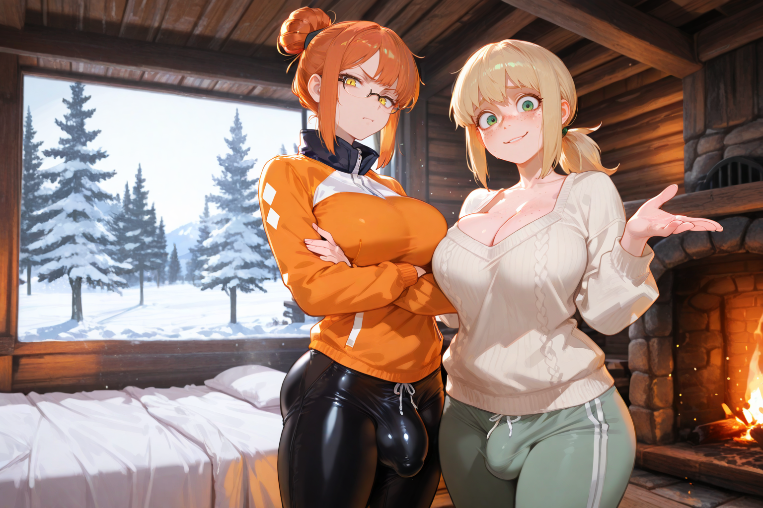 Minako is wearing tight black ski pants and an orange ski jacket. Akemi is wearing a white cable-knit sweater and light green sweatpants