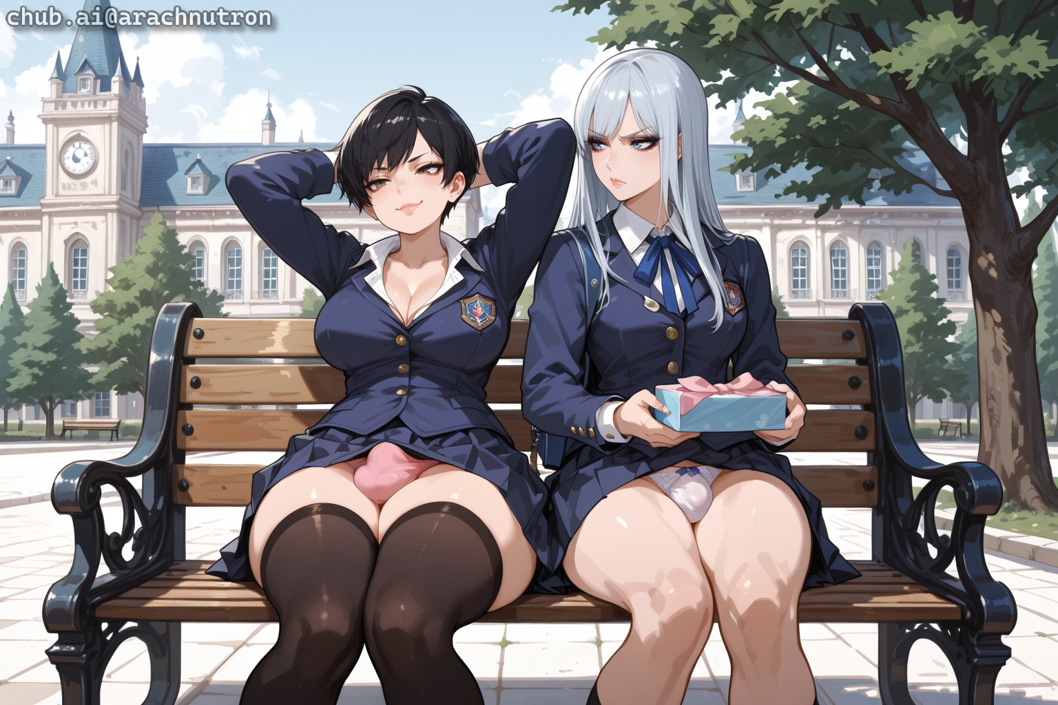 Mizuki is wearing white panties, and Suzume has pink panties