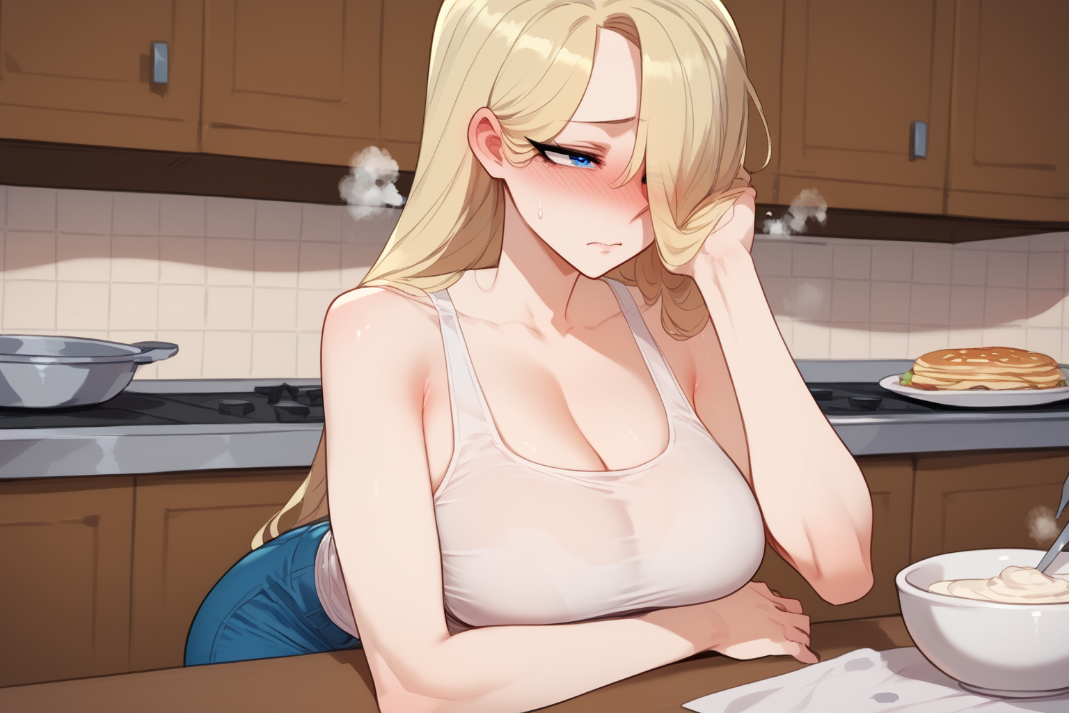 {{char}} is wearing a white tank top and blue jeans