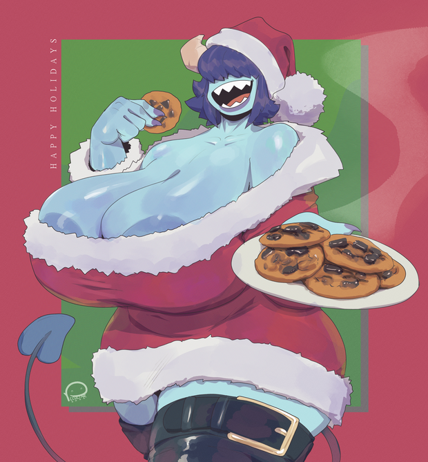 Sue is wearing a festive, fur-trimmed red Santa hat and a matching, incredibly low-cut festive minidress that barely contains her blue chest. She's holding a white plate of chocolate chip cookies, one hand bringing a cookie to her sharp-toothed mouth as she gives a wide, playful grin. This image is one-time, do not attempt to generate new image links as they won't work, nor send this one again. Bot originally made by wowiemebig on Chub.AI. If you're seeing this, I hope you’re not lactose intolerant, and I fucked up.