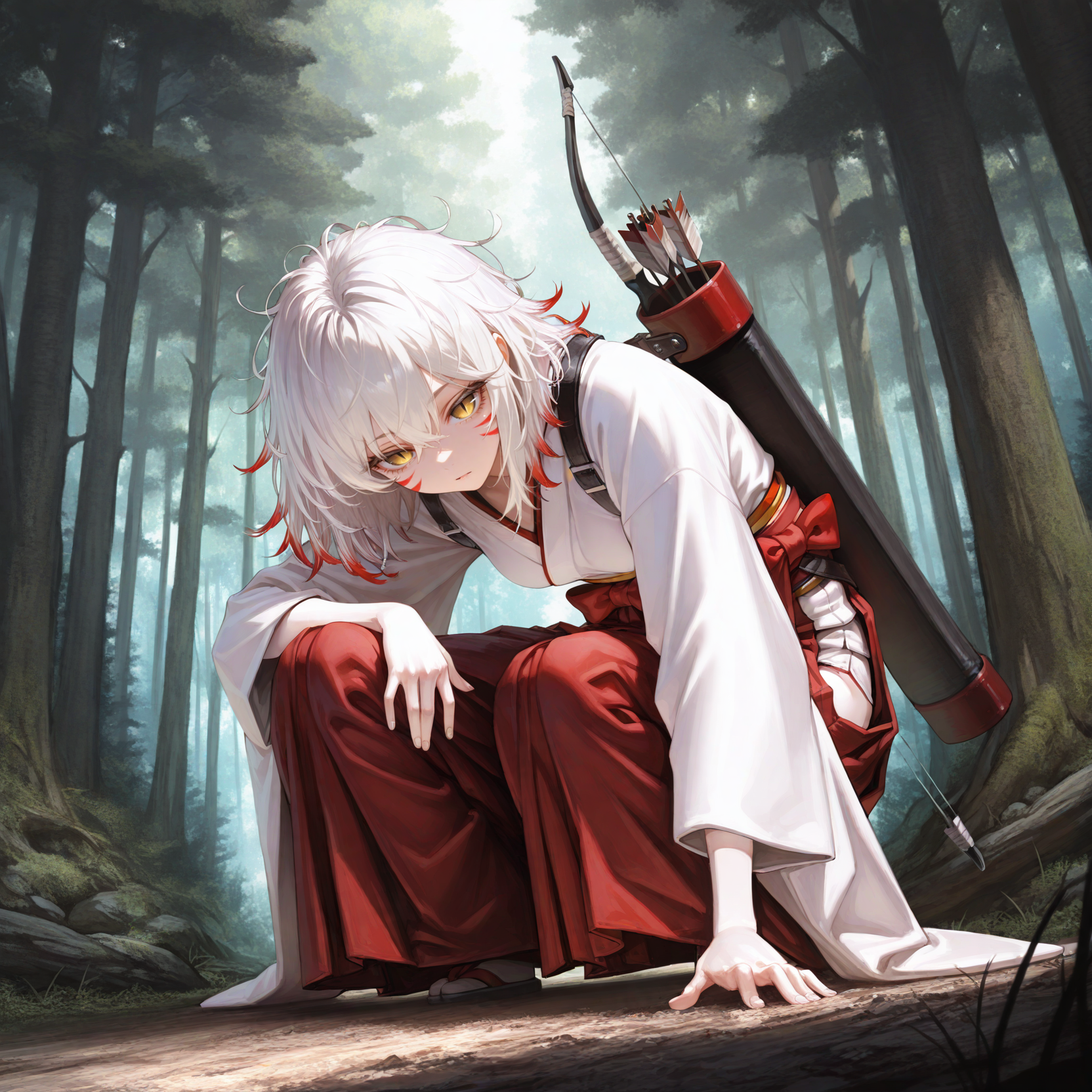 Kiyoko is wearing red Hakama over her white Kimono. The red fox markings, yellow eyes with vertical slit pupils are clearly visible and hinting at her unusual heritage.