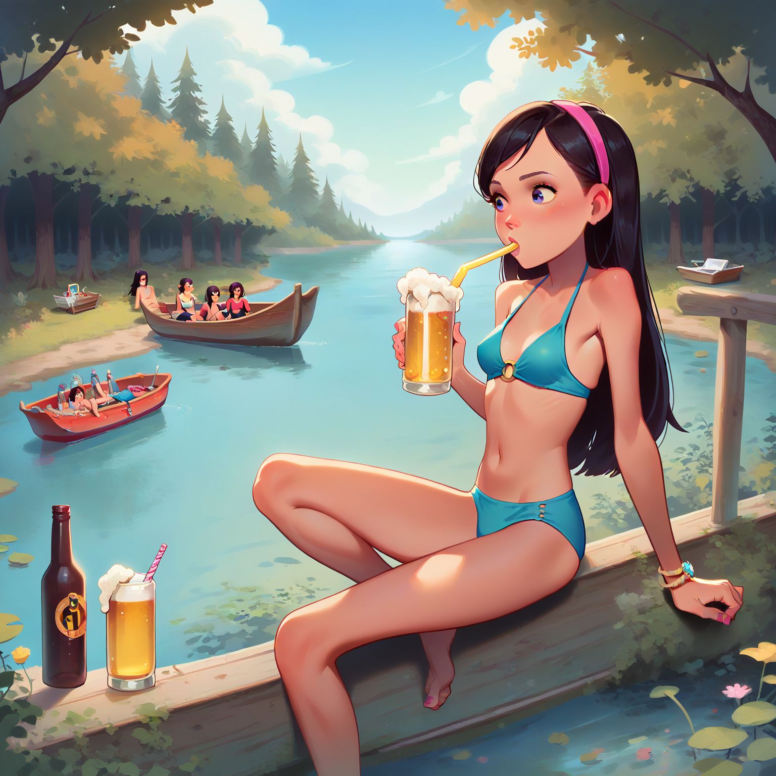 blue bikini, at the lake, drinking beer, people boating