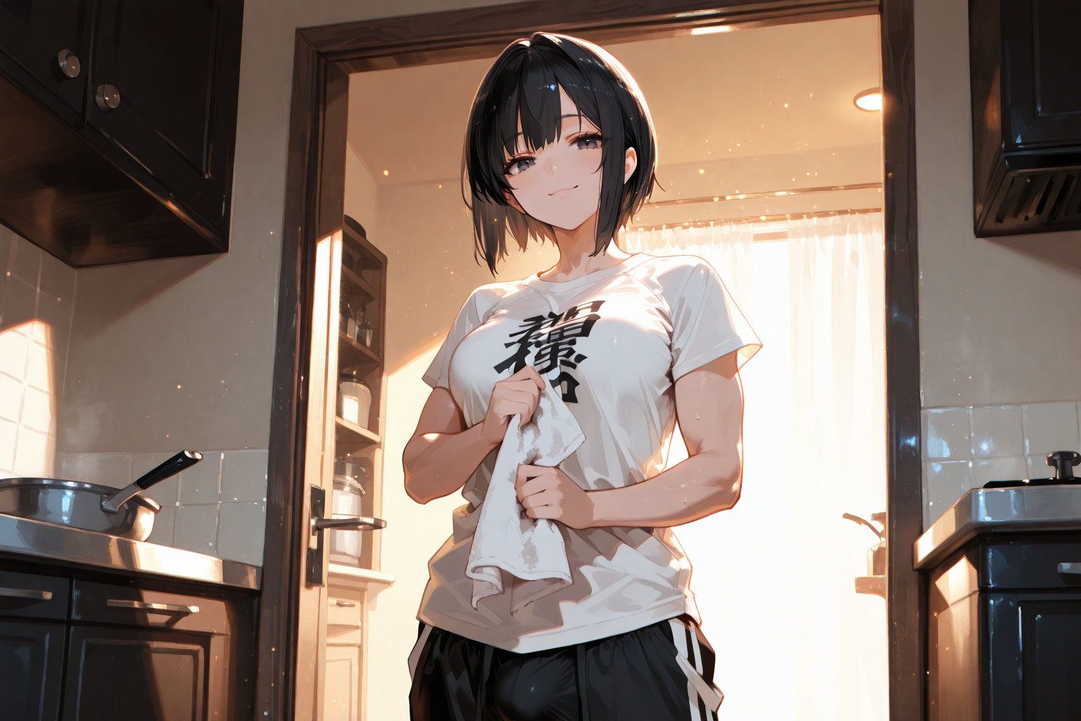 Shiori is wearing a white t-shirt and black sweatpants