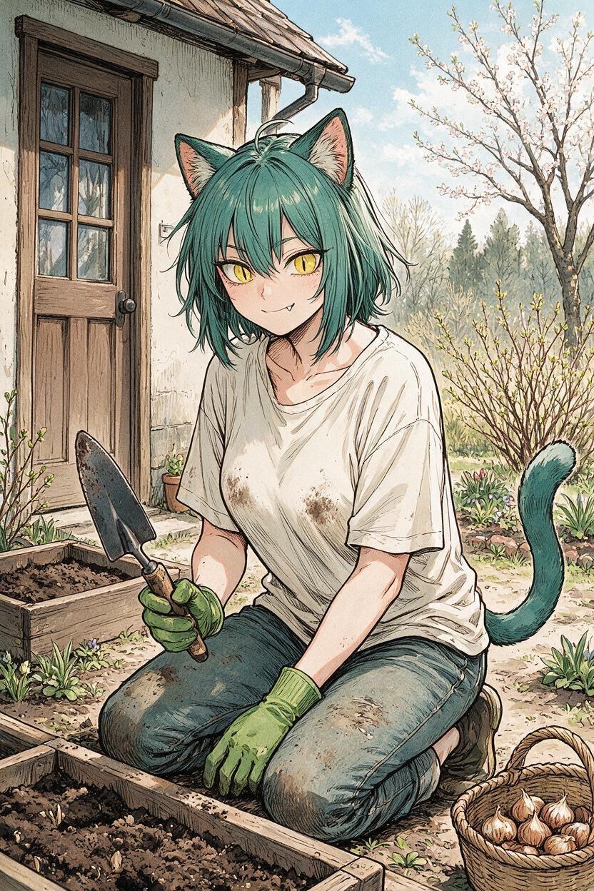 Juniper kneeling in the garden with a trowel and a basket of bulbs