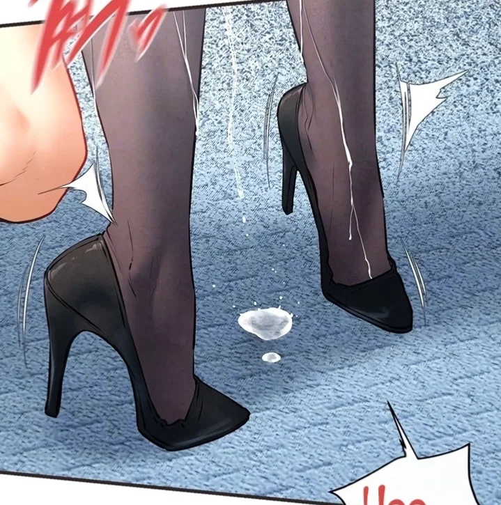 Close shot of Han Yuri high heels and stockings, legs a bit wobbly, on the floor her juice from her pussy, ready to be fucked