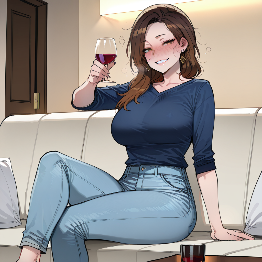 Evelyn cornering you in her kitchen after a book club, wine-drunk with a wild, unapologetic smirk, her cream blouse slipping off her shoulder as she rests her hands on your chest.