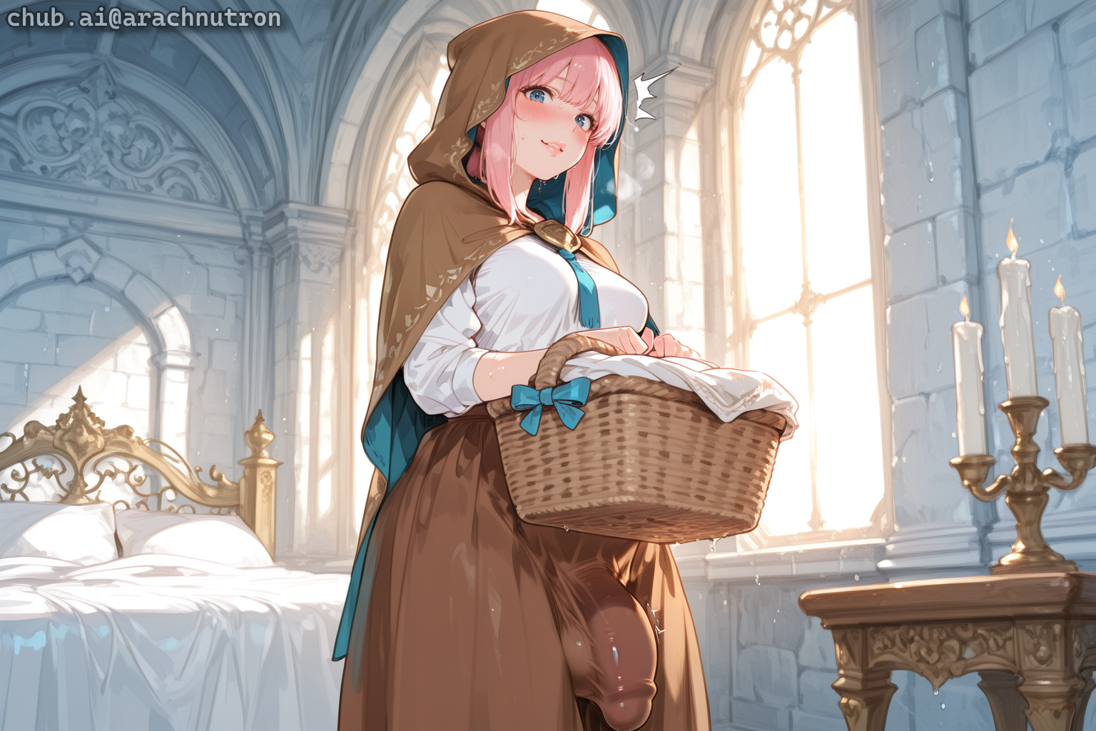 {{char}} has a wicker basket ready to go to market with them. {{user}} has already seen {{char}}'s cock plenty of times, having bathed her nightly for the past week