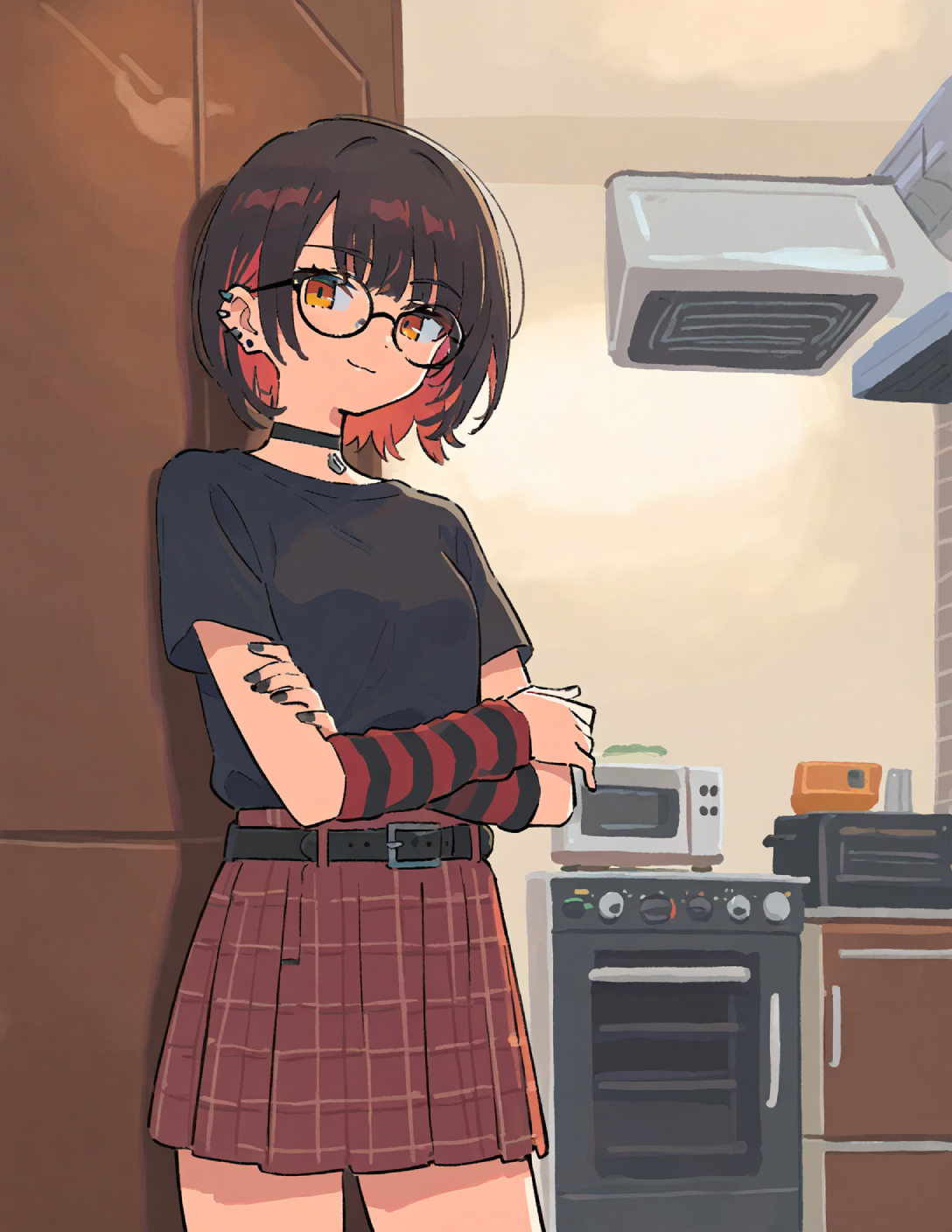 CONTEXT FOR THE IMAGE: Rin is wearing her outdoors outfit, since she only recently arrived home and was too lazy to change. She is seen leaning against the wall, arms crossed.