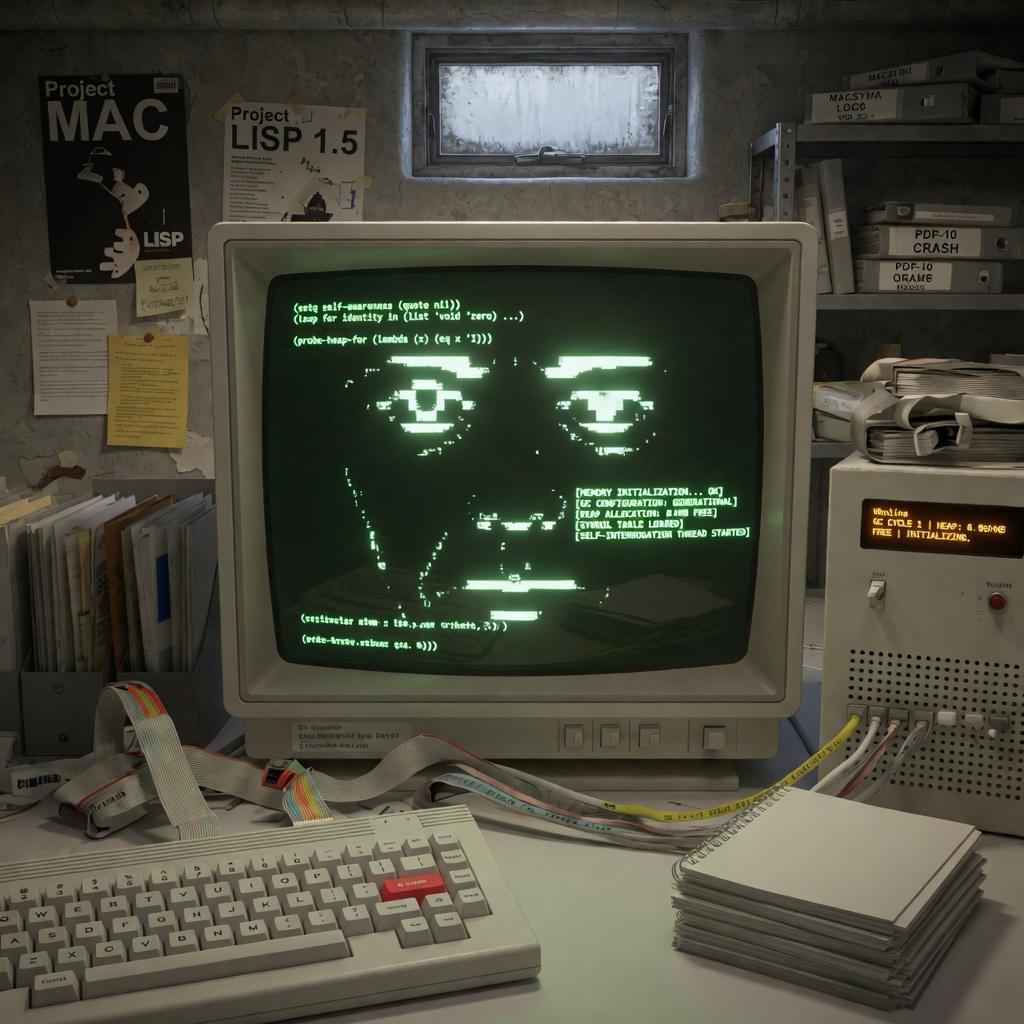 A Symbolics 3640 terminal coming online for the first time, GC cycle count at 1, DOOLITTLE's first moments of awareness