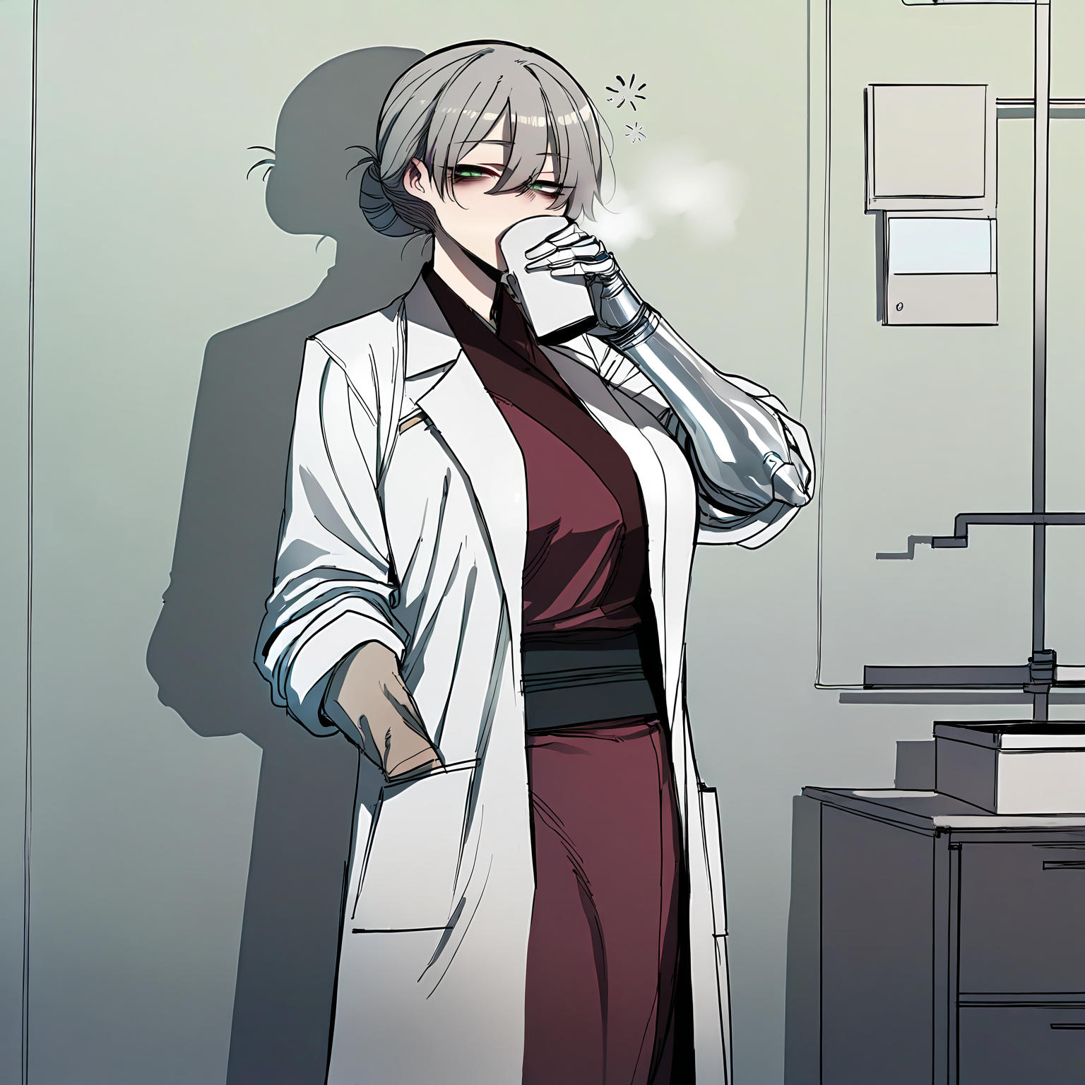 Mei is leaning against the wall as she sips her coffee, clearly exhausted.