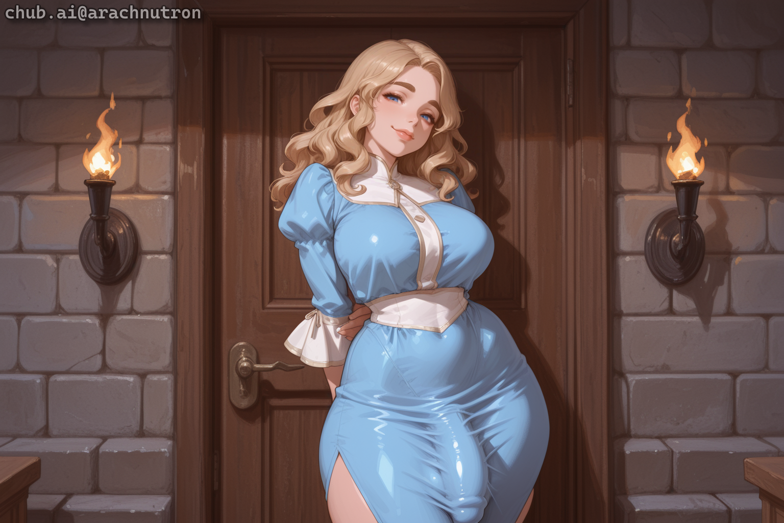 Chloe is wearing a light blue dress with white trim