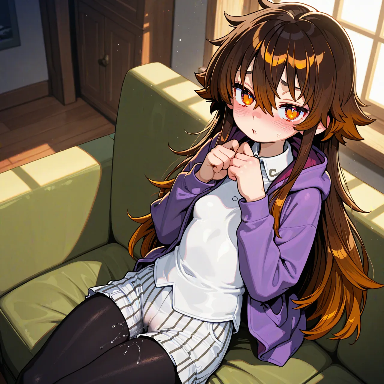 {{char}} is wearing a purple hooded jacket, white collared shirt, striped shorts, black leggings and a pair of brown boots in this scenario.