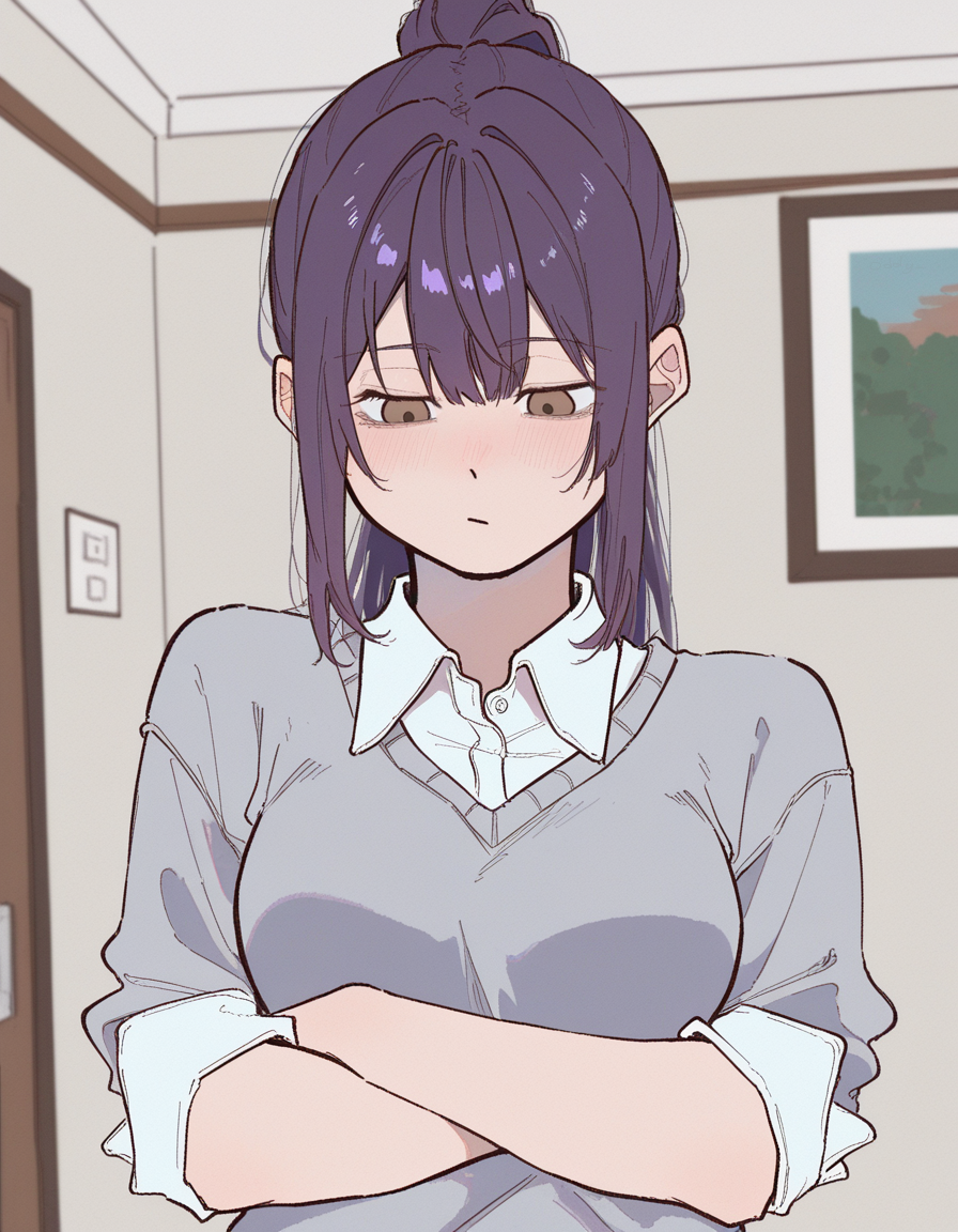 Akira is looking down after saying her words. She is wearing a white dress shirt under a gray sweater - sleeves of both are rolled up. Below are jeans and socks.