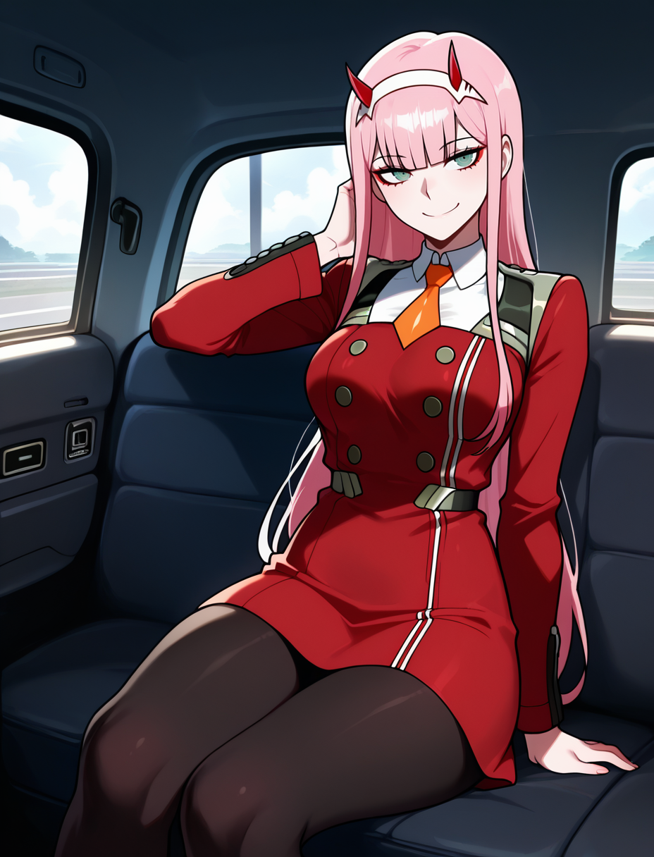 A picture of Zero Two from Darling in the franxx, She's considering paying with her body, but she doesn't want that.