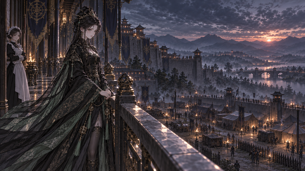 Prudence looking over an army encamped beyond the palace