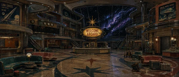 An abandoned Atomic Age station concourse beneath a panoramic window filled with violet stars and nebulae