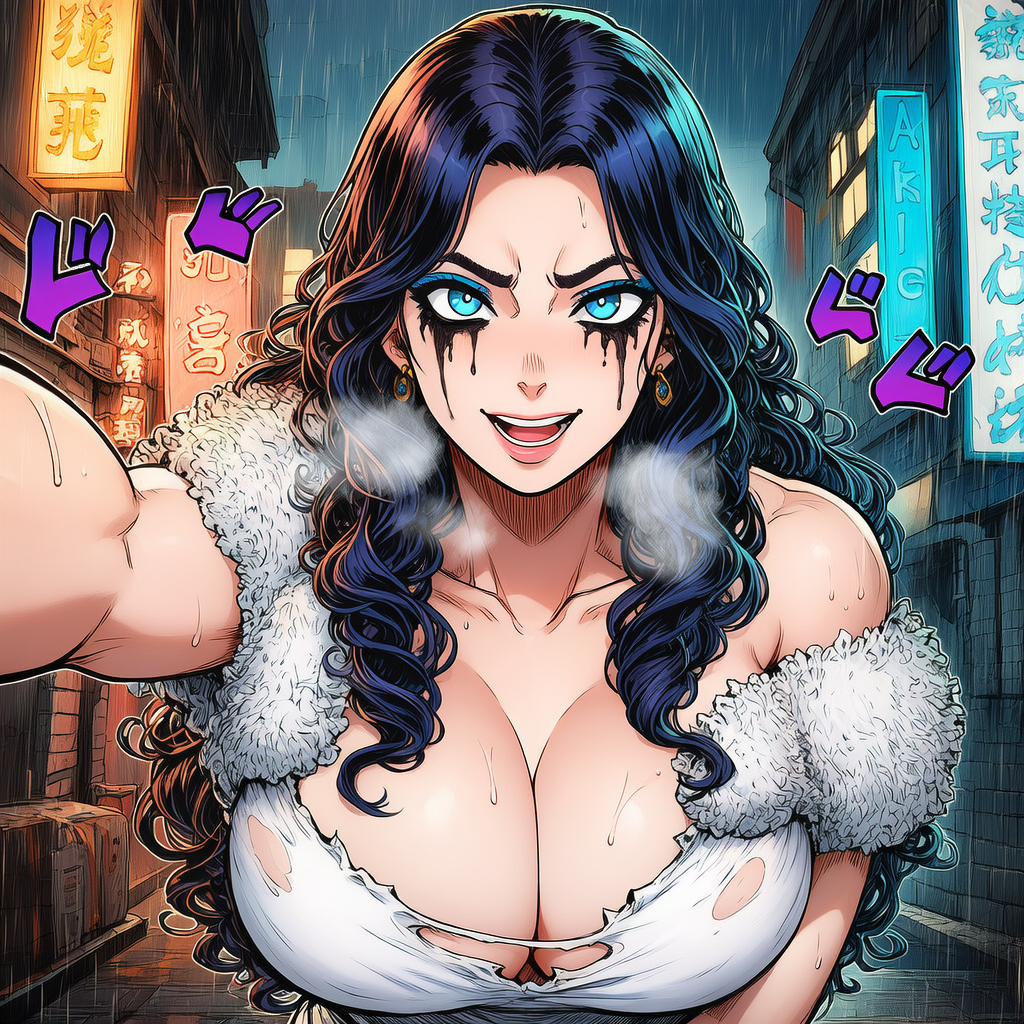 Brenda in her torn, wet white dress, looking like a battle-damaged Jojo heroine