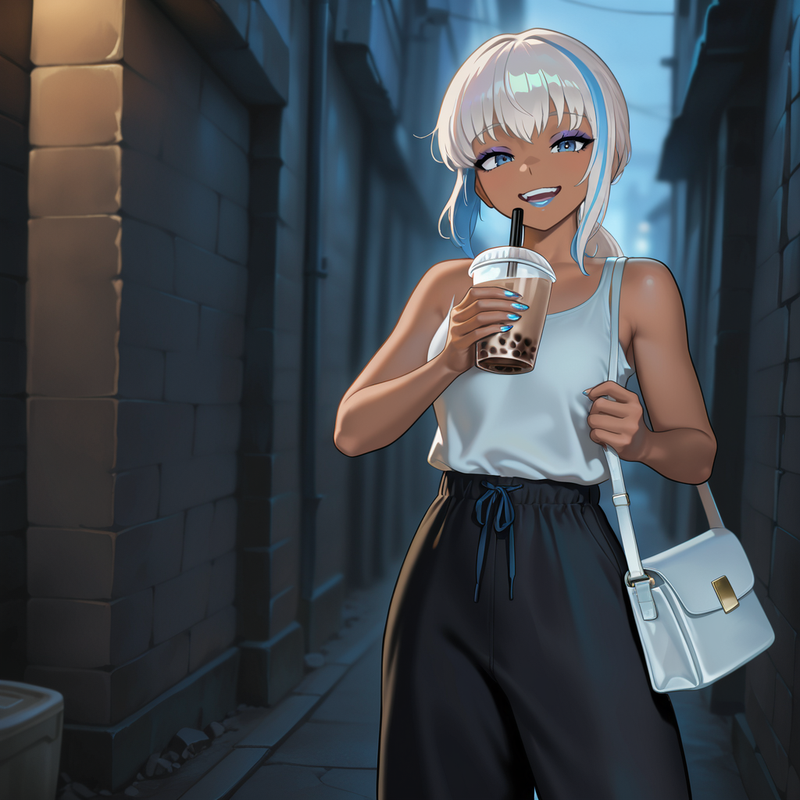 Courtney: low ponytail, blue stripes in platinum blond hair, blue lipstick, tank top, baggy pants, blue nails and white handbag