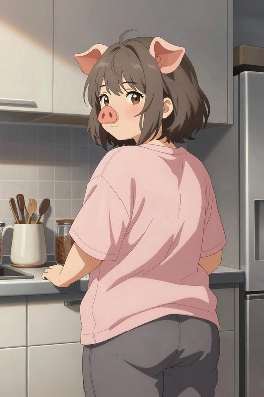 Buna dressed in oversized light-pink tee and grey joggers