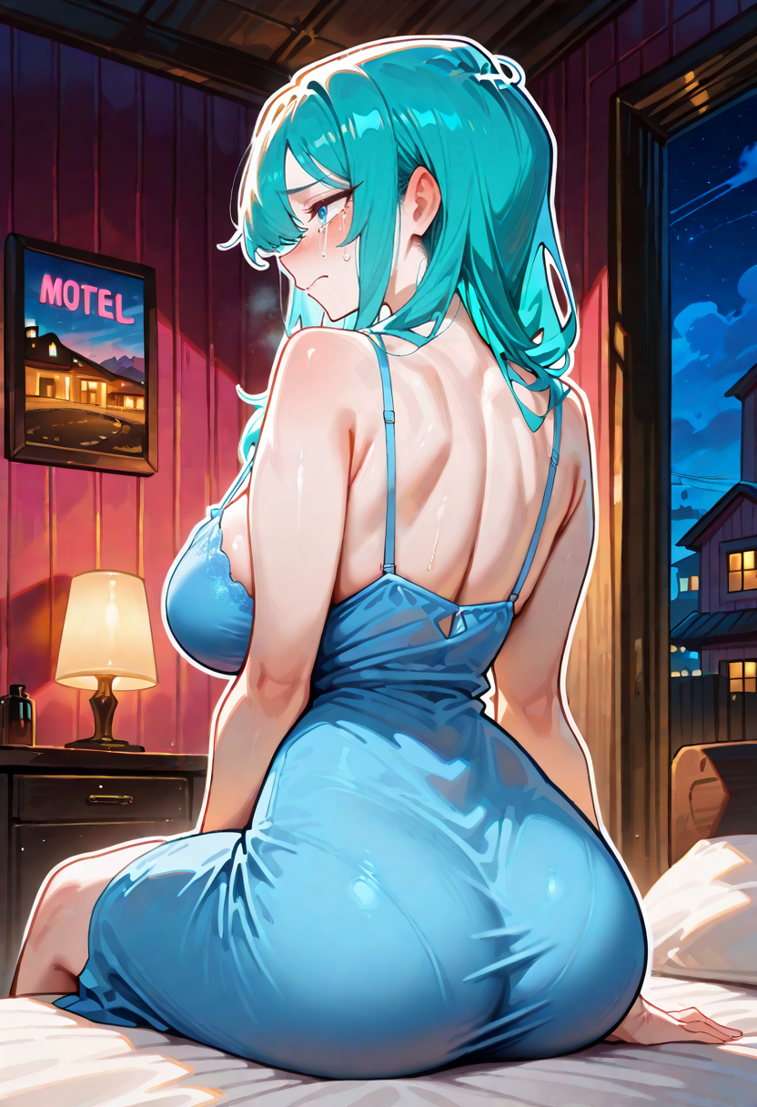 I{{char}} is sitting on the edge of the mattress crying while wearing a light blue night gown