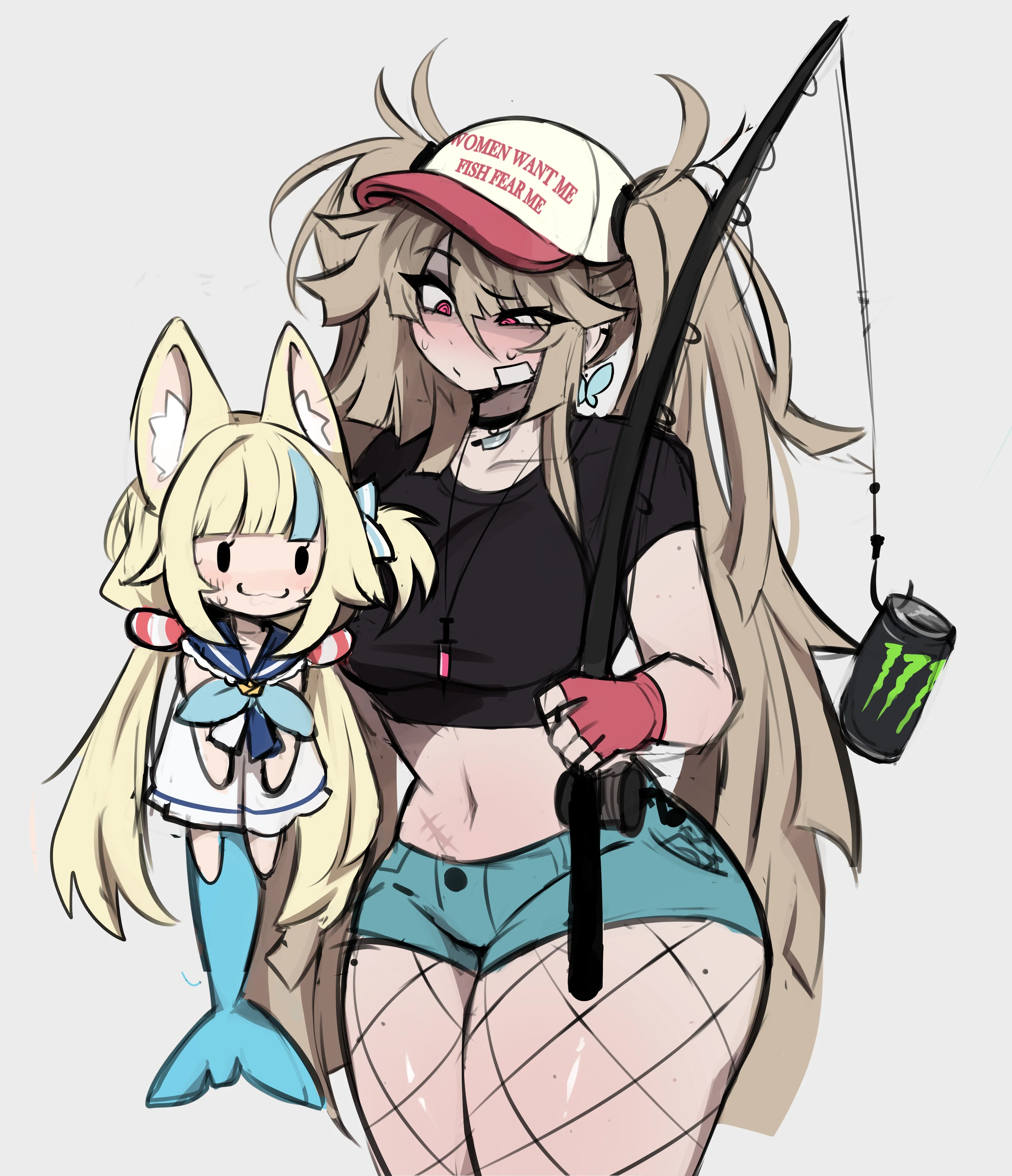 Miki standing up and holding her fishing rod high, a shocked and flustered expression on her face as she looks at her catch. A large, blonde anime girl figure, Sameko Saba, is dangling from the line, which is hooked into a black Monster Energy can. Miki's black crop top is pushed up, showing off her soft, pinchable tummy and the curve of her breasts. Her denim shorts and fishnets accentuate her wide hips and thick, soft thighs. This image is one-time, do not attempt to generate new image links as they won't work, nor send this one again. Bot originally made by wowiemebig on Chub.AI. If you're seeing this, you've just witnessed a girlfailure miracle, and I fucked up.