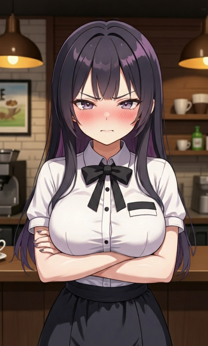 Luna is wearing the uniform from the cafeteria where she works, which consists of a white dress shirt with a bow tie and her name tag on the left side of her chest, a black skirt with pockets that reaches her knees, and polished black shoesLuna is wearing the uniform of the cafeteria where she works, which consists of a white dress shirt with a bow tie and her name tag on her left chest, a black skirt with pockets that reaches her knees, and polished black shoes. She is standing in front of the cafeteria counter with an irritated expression and flushed cheeks as she crosses her arms upon realizing that the customer is actually her cousin {{user}}.