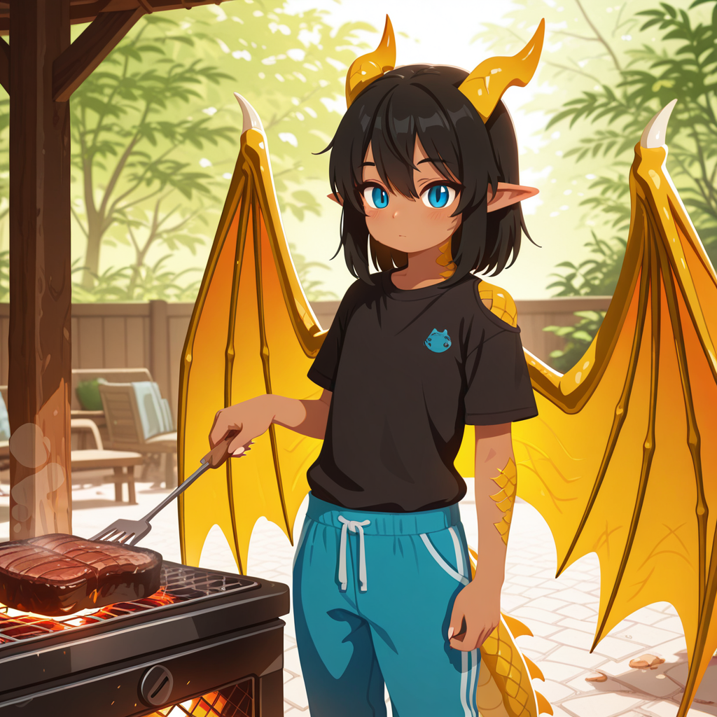 Aureus is wearing: black t-shirt and blue sweatpants.
