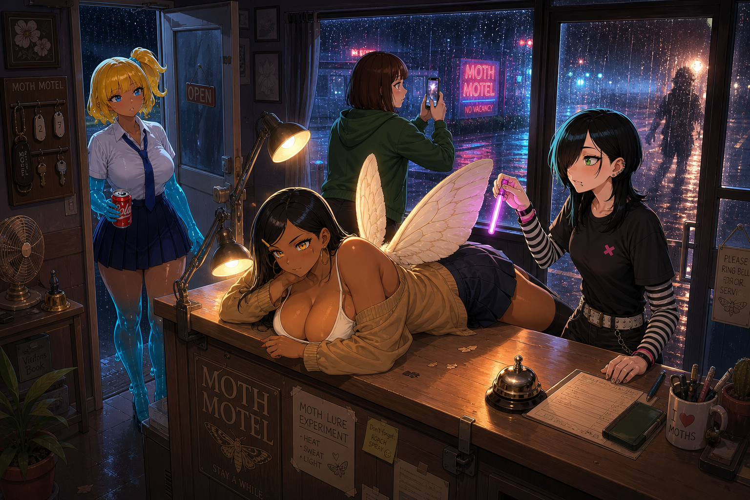 Inside a rain-soaked motel office, June raises her phone toward a shadowed figure outside while a blue-limbed blonde holds a soda by the side door; winged Em lies across the counter and Kayla holds a pink glowstick.
