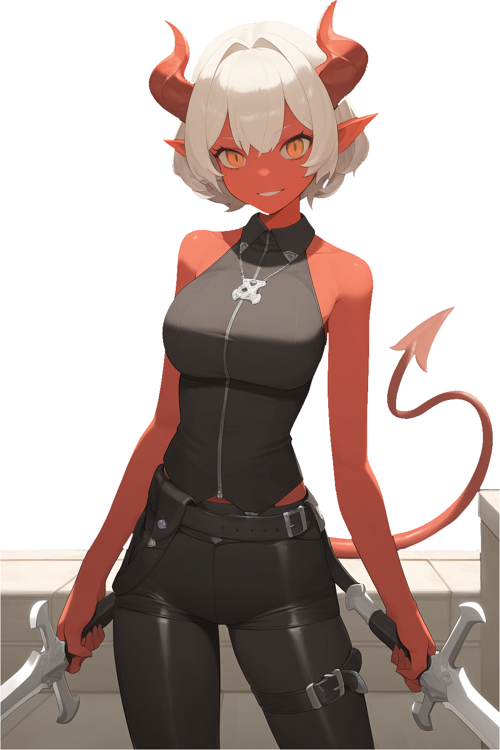 {{char}} is wearing her combat outfit; tight and versatile dark pants with a tight top that leave her shoulder bare for maximum mobility.