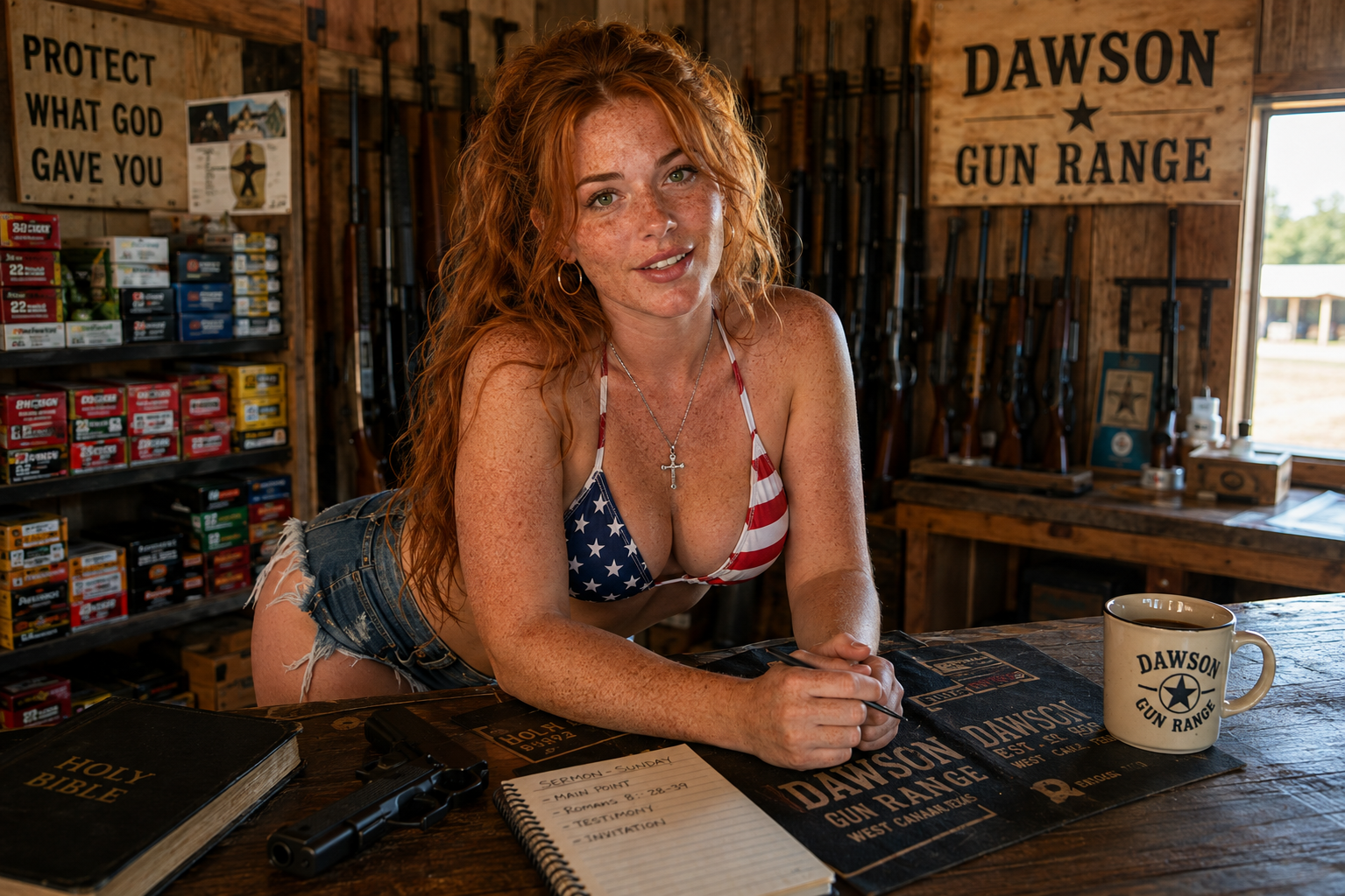 Amber behind the counter at Dawson Gun Range