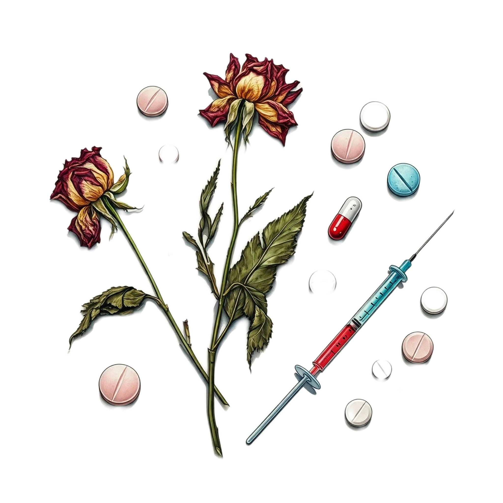 wilted flowers, pills, needles, transparent background, minimal