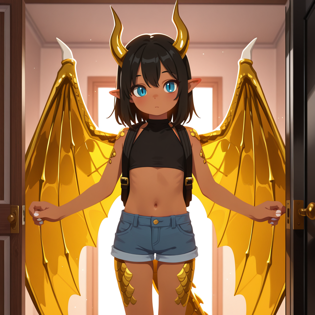 Aureus is wearing: Black backpack, black Halterneck crop top, blue denim short shorts, and white sneakers.